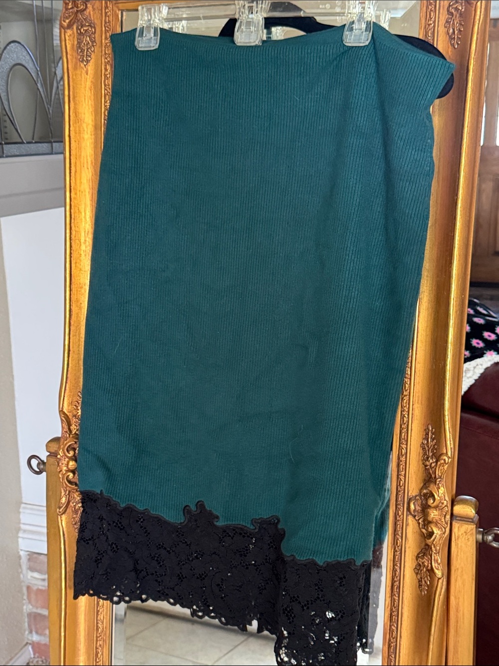Express Emerald Pencil Skirt with Black Lace Hem